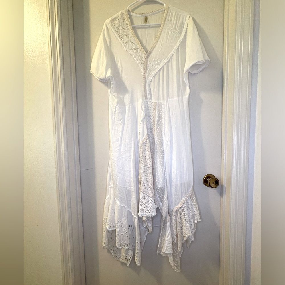Stunning Marilu Bohemian Mixed Lace Trimmed HankerChief Hem Cotton Dress Sz L